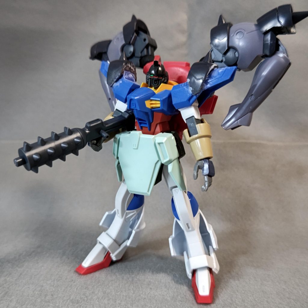顔はコレクションキットのレイダーガンダム、胸部と肩はHGドレッドノートガンダム、肩のスパイクはHGエルドラブルート、腕部はHGジン、腰フロントアーマーはコレクションキットのフォビドゥンガンダム、脚部はHGCEインパルスガンダムから。