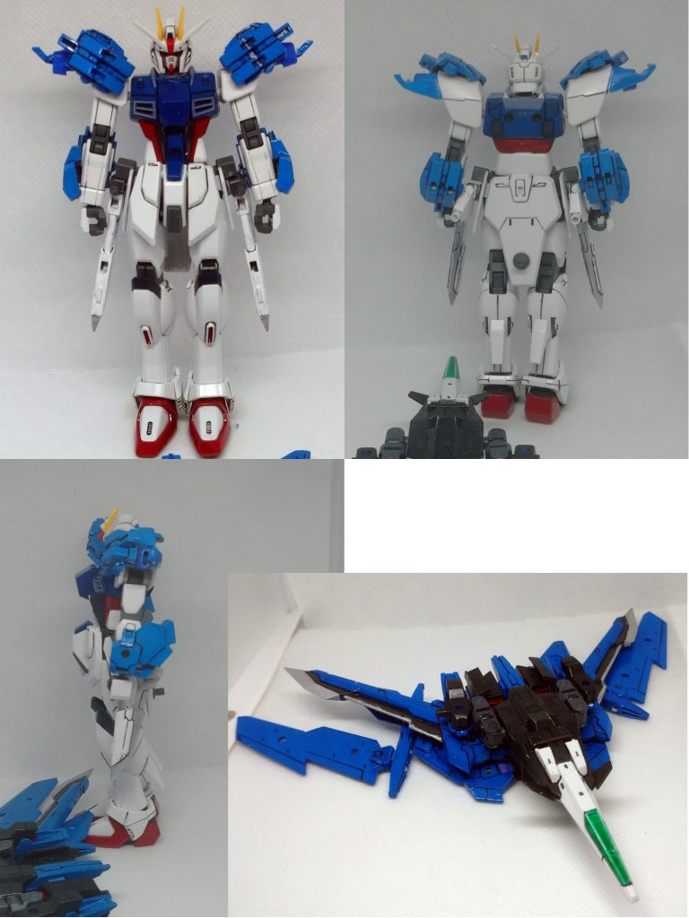 まずは立ち姿とシルエットフライヤー状態のバックパックから。 ストライク感を出したかったので色はパーフェクトストライクフリーダムを見ながらストライクっぽい配色に変更、胸部中央もフリーダムのままだとそれっぽく見えなかったので30MMアルトのパーツをくっつけています。 肩と腕はソードストライクを意識して「とりあえず盛っとこう」の精神(?)でパーツデザインは好きなんだけど使いどころに迷ってたシエルノヴァのオプションパーツを採用しました。 バックパックは本来取り外す予定はなかったのですが、カチャカチャいじってたら予想外にいい形に収まってしまったので急きょシルエットフライヤー形態も採用しました。