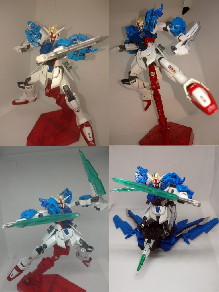 バックパックなし状態でのアクションポーズ。バックパック非装備状態は閉所空間での立ち回りに長けているような気がします。 この状態での武器はバルカンとストライクで言うところのアーマーシュナイダー的な腰につけていたダガーだけですが、コトブキヤMSGらしくビーム刃の発信も可能である程度のリーチはカバー可能、さらによく見るとグリップのちょい下に銃口らしきものも見えるのでアーマーシュナイダーのみのストライクよりは多少戦闘力はある、はず。 あと一応、シルエットフライヤーには乗れます。