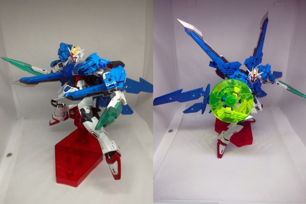 フリーダムっぽくアクションポーズ。……フリーダムっぽいアクションって何でしょうか? とりあえず、バラエーナっぽいものは再現できませんでしたので当然ハイマットフルバーストは非対応の仕様です。ぎりぎりクスィフィアスっぽいポーズが再現可能です。 そして一応、シールドはビームシールドを採用しています。近接機には普通のシールドは持たせづらいです。ビームシールドはストフリの技術やろ、とかのツッコミはなしの方向でお願いします。