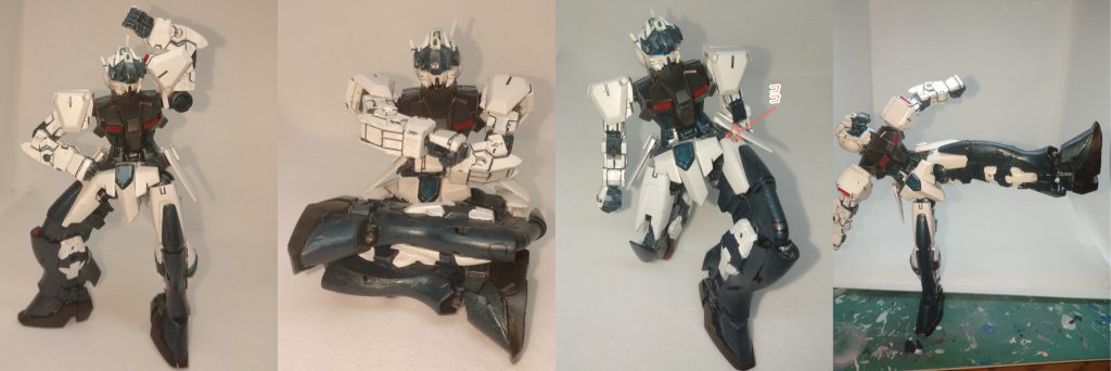 　見せてもらおうか、30MM由来の可動域の性能とやらを！　というわけで、実際に動かして遊んでみました。　肩の可動は完璧でした。このままラジオ体操もできそうです。あぐらだってかけます。すごい！こいつ、可動（うご）くぞ…！　膝立ちだってほら…！………ん？腰部フロントアーマーとふとももの装甲が干渉してる…！？　30MM公式「量産機ファンよ、立ち上がれ!!!!」　私「（膝）立ち上がれなかったよ!!!!」　……とはいえ、足首も内側に可動しますし、床さえしっかりしてれば真横に喧嘩キックくらいのポーズなら自立できています。ネットでちょっと検索して他の方が書いてくれているHGシビリアンアストレイのレビューを見てもらえればわかるのですが、元キットとは比較にならないほどの可動域を確保することに成功しています。　特に足首。本当に足首。着地ポージングで本当に安定性が違うのです。
