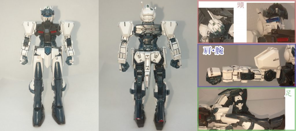 　まずは機体の基本情報から。可動域拡大はちゃんと調べればやりようはあるらしいのですが、今回は思い切って『30MMアルトにシビリアンアストレイの外装を着せる』感じでミキシングしました。ただ、そのまま切り貼りするだけだとスカスカになってしまったので、気になったところは適当にプラバンでふたをしています。　シビリアンアストレイの○○カスタムと言うと、だいたいみんな頭部が挿げ替えられていることが多いのですが、今回はいい案がなかったのでDSSDカスタムの頭部の下部を削って頬をプラバンで補強し、アルト指揮官用オプションパーツのフェイス部分からマスクを切り離してバイザーにしています。その時に切り離したアンテナは右目の真横につけました。バイザーはプラバンです。　腕はいい感じにパーツを切り貼りする案が思い浮かばずアルトの腕をそのまま使っています。足が少し長くなったのに腕は少し短くなってしまいました。肩は30MM共通のジョイントパーツが合う用にシビリアンアストレイの肩パーツを切り貼りし、接続部分は穴あきプラ棒を使用しました。　アルトの足装甲がふともも・ひざ・ふくらはぎに分かれていたのを面白いなと思ったので、それぞれにパーツを接着してます。多分膝の構造は本当はこうじゃないんだろうなぁ、とは思いつつも、面白さ優先ということにしました。内ももにもシビリアンアストレイのパーツを切り貼りしてしまうと太さがやぼったく見えてしまったので、アルトの足パーツをそれっぽく塗装して誤魔化してます。