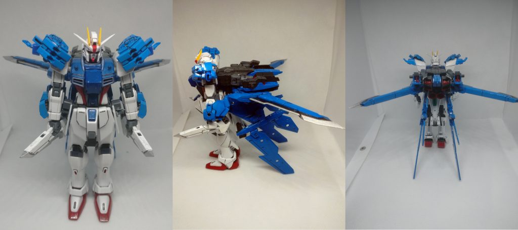 バックパックを装備してモードチェンジ。エールストライクイシュー。 当初この姿は予定してなかった(フリーダムっぽいシルエットとソードストライクっぽいシルエットが確保できればよかった)のですが、なんかそれっぽいのができてしまいました。しかも他2形態より完成度が高いという皮肉。