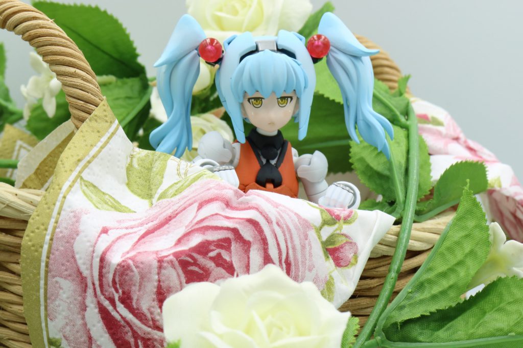 バスケットに入れられて運ばれるルリルリの図。机とかに置いておくと、小動物感があってかわいいです。