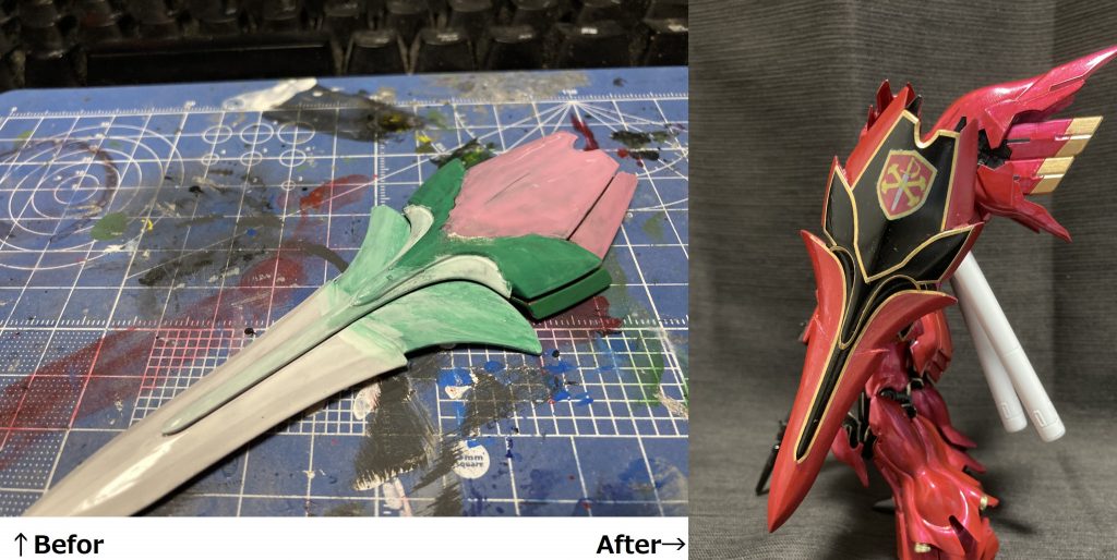 最初、ジオンマークが消えた後に冗談半分でチューリップ風に塗ってみましたが、筆塗りでグラデーションっぽくするには技量がまったく足らず、改めて塗りなおしてます。最後までご覧いただき、ありがとうございました。