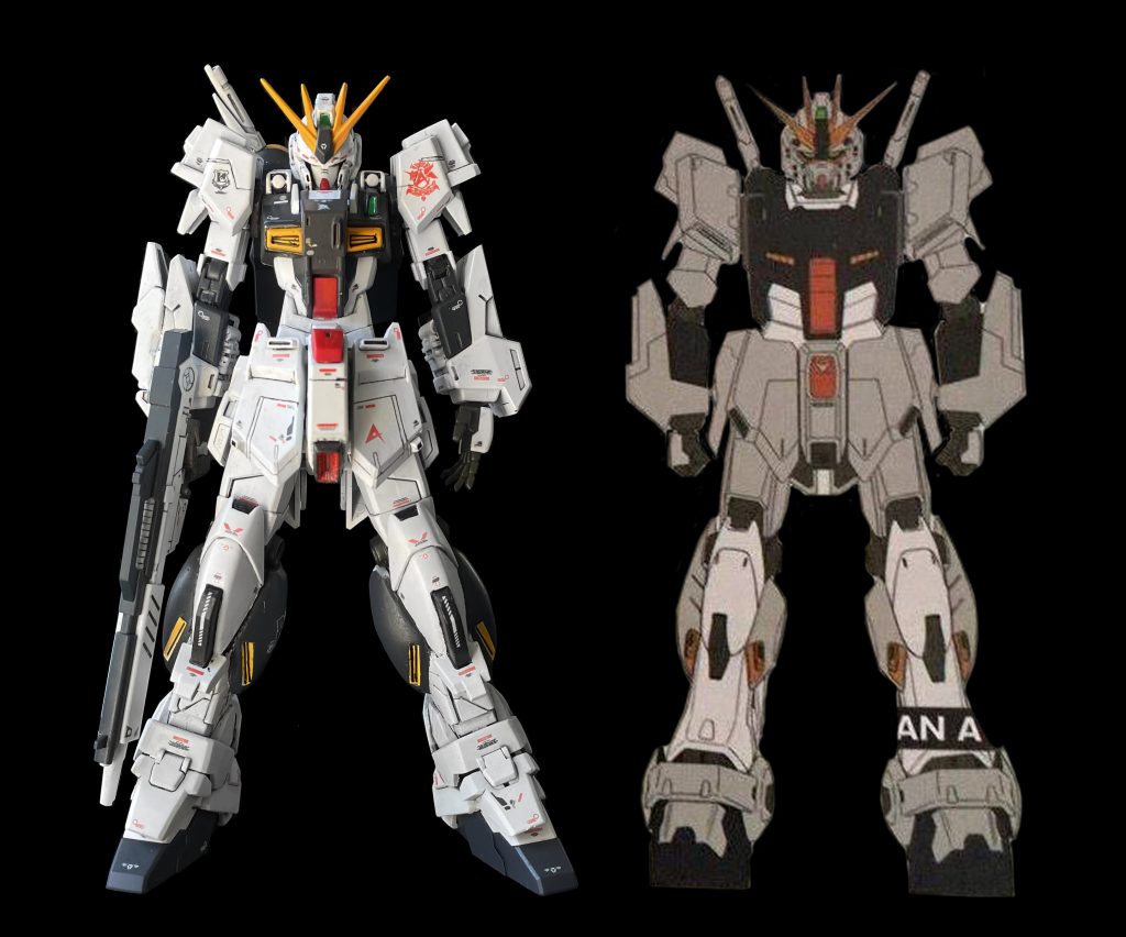 実際のアムロプランスケッチとの比較。所々に、アレンジ加えてますが、大枠のシルエットを踏襲しながら自分好みに仕上げて行きました。カラーリングも、プロトタイプな感じではなくロールアウトカラーで。