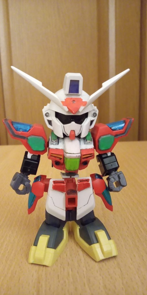 スカーレットガンダム頭:SD EXstandard エールストライク、SDストフリ体:HGAWガンダムdx手:カミキバーニング、武者ガンダム、AGE-1足:HGAWガンダムdx、RX-零丸、カミキバーニング、アースリィ、ウイニングバックパック:ジムインターセプトカスタム