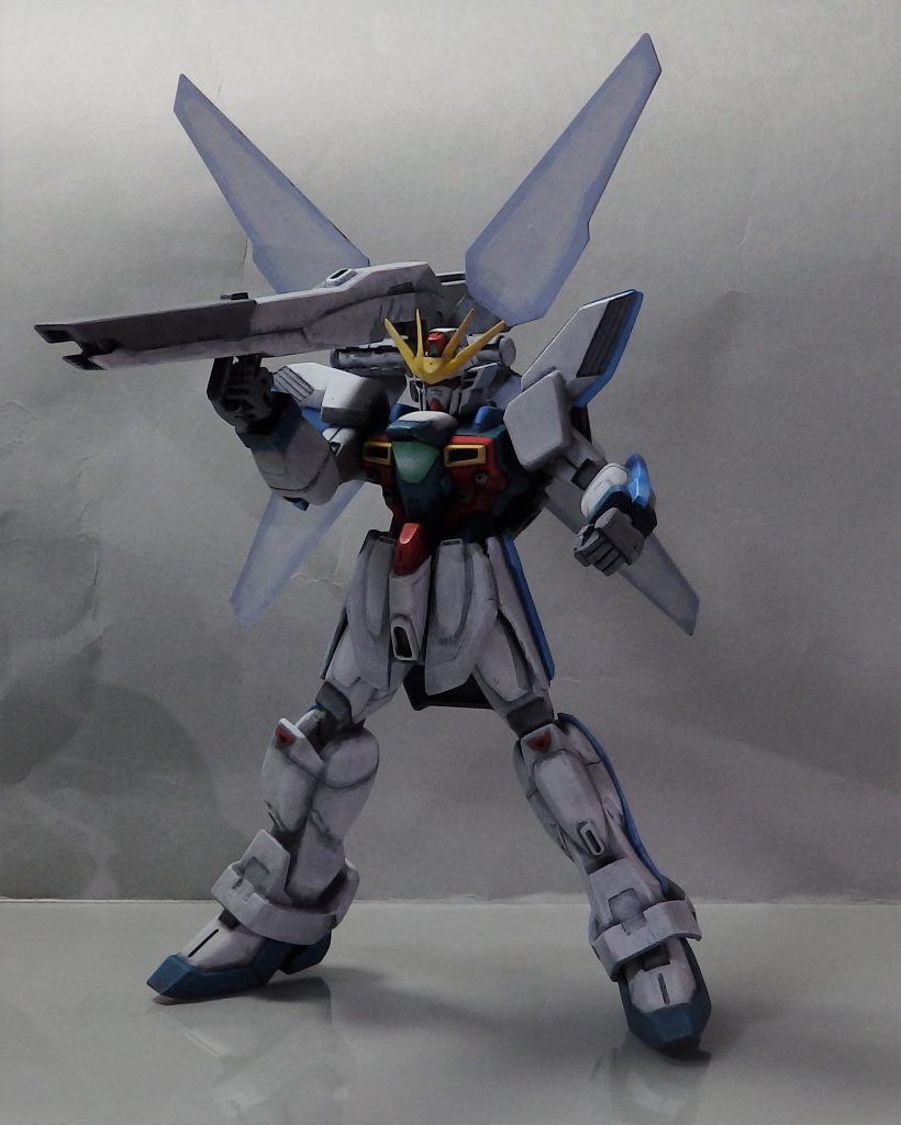 塗装はいつものファレホ筆塗り。今回はドライブラシをメインに色の階層を意識してみました。白はミディアムシーグレーから明度を上げていきハイライトのホワイトで仕上げ。青はヘビーブルーとダークシーブルーの1:1からターコイズ系を混ぜていき、ハイライトはライトターコイズ。黄はヘビーゴールドブラウン→メカカラーイエロー→アイスイエロー。赤はヘビーレッド→ダークヴァーミリオン→ヴァーミリオン→オレンジレッド。グレーはダークグレー→ニュートラルグレー→ライトグレー。リフレクターはアズールとホワイトを1:1とホワイト、全身の発光部分はマジックブルーからスカイブルー系。それぞれメタルメディウムを添加してメタリック調に。