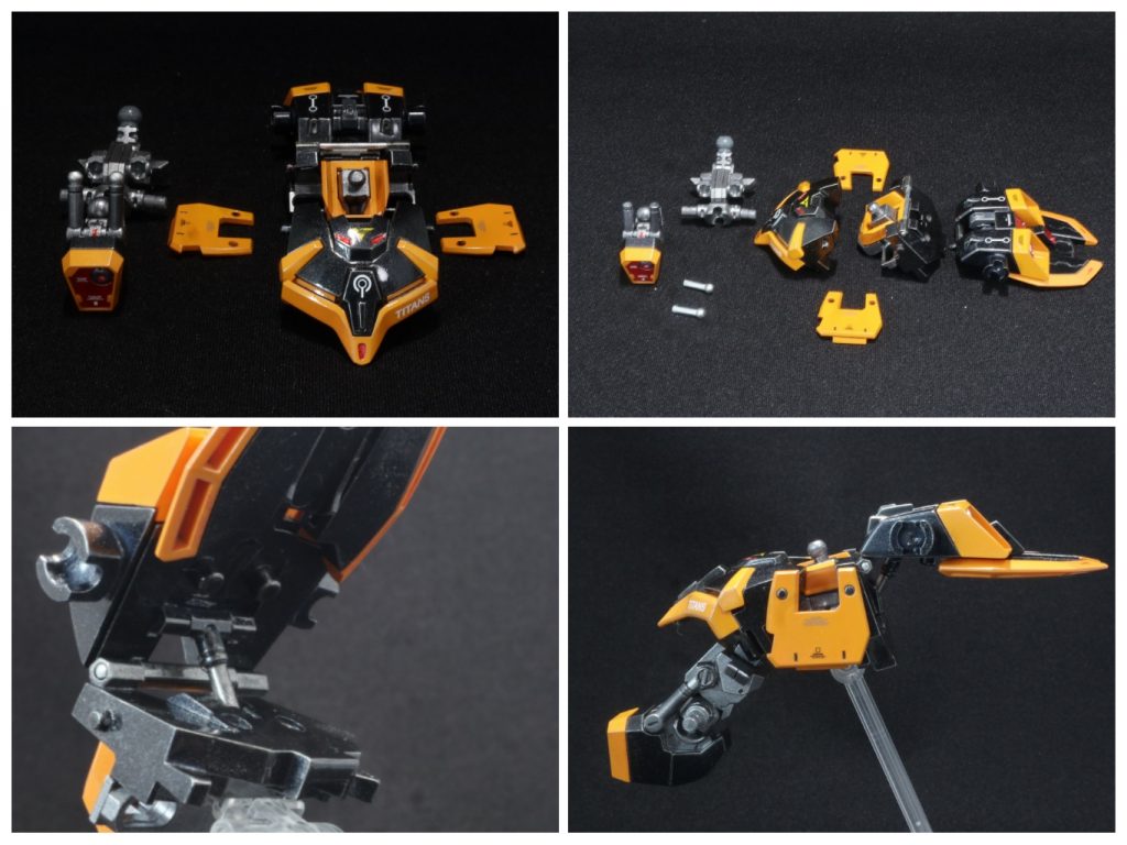 胸部の前面パーツと背面パーツは、サイドパーツで固定。前面パーツは、サイドパーツの軸を利用して90度あがります。バックパックは背面パーツ上部のヒンジを中心に90度あがります。また固定用のロック機構をプラ棒とパイプで製作。胴体下部のパーツの角度を調整して飛行形態に変形。