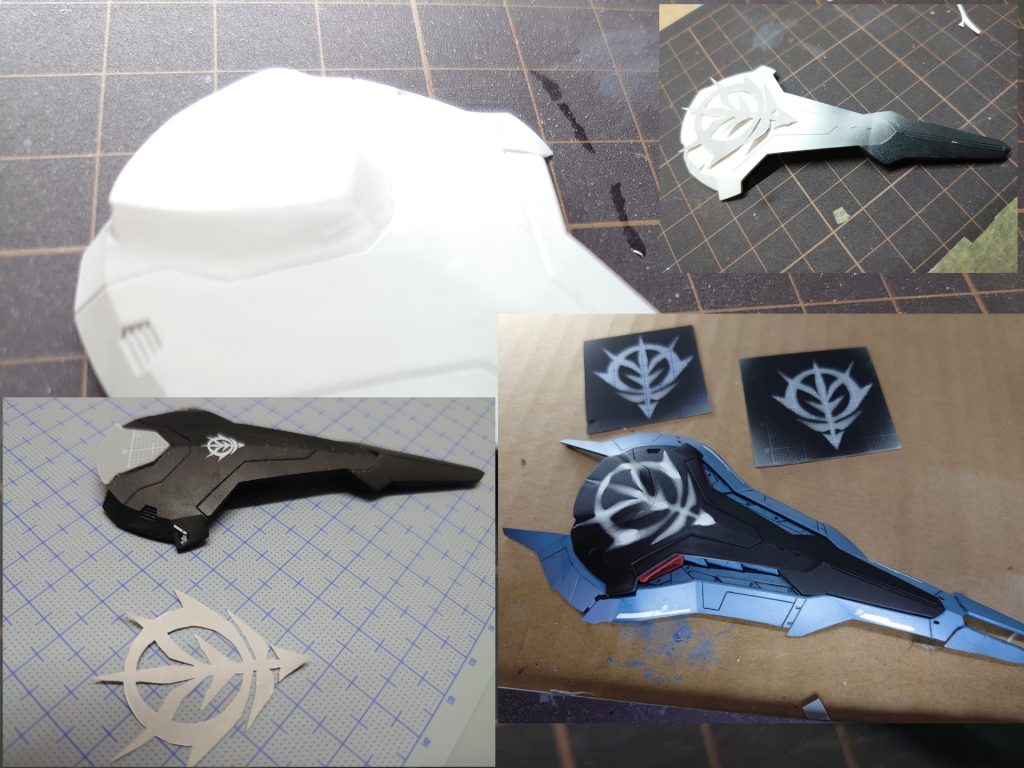 シャアのサザビーじゃない設定なのでジオン軍デカールを最初は張ったものの小さくて寂しい😢  ので別売デカールの中の説明書に大きなジオンマークが❗それを切ってエアブラシでやろうと思いました。でもサイズが大きくて盾に収まらないので少し工作です  何度もパテ&削りで作りました😵 こういうよく使うマークとかはステンシルで売ってて欲し～😅