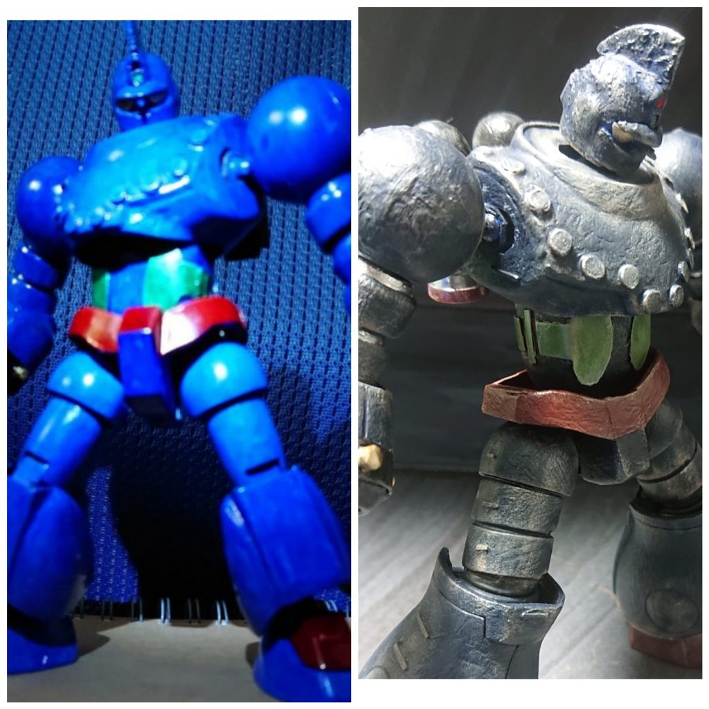 ～改修箇所～・全体的に瞬間接着剤を使い鋳造感を出した。・色をガンダムマーカーではなく、アクリル絵の具で塗装。・関節部位、バーニアはガンダムマーカーのメタリックシルバーで塗装。・腹部は前回の物よりよく動くように改修。・腰部は出っ張りを失くしプラ板で蓋をして改修。・脚はゾゴックから流用。・全体に所々プラ板で情報量追加。・全体的にドライブラシ、ウェザリングで表面の凸凹感を強調。・ハンドパーツを壽屋のハンドパーツに変更。