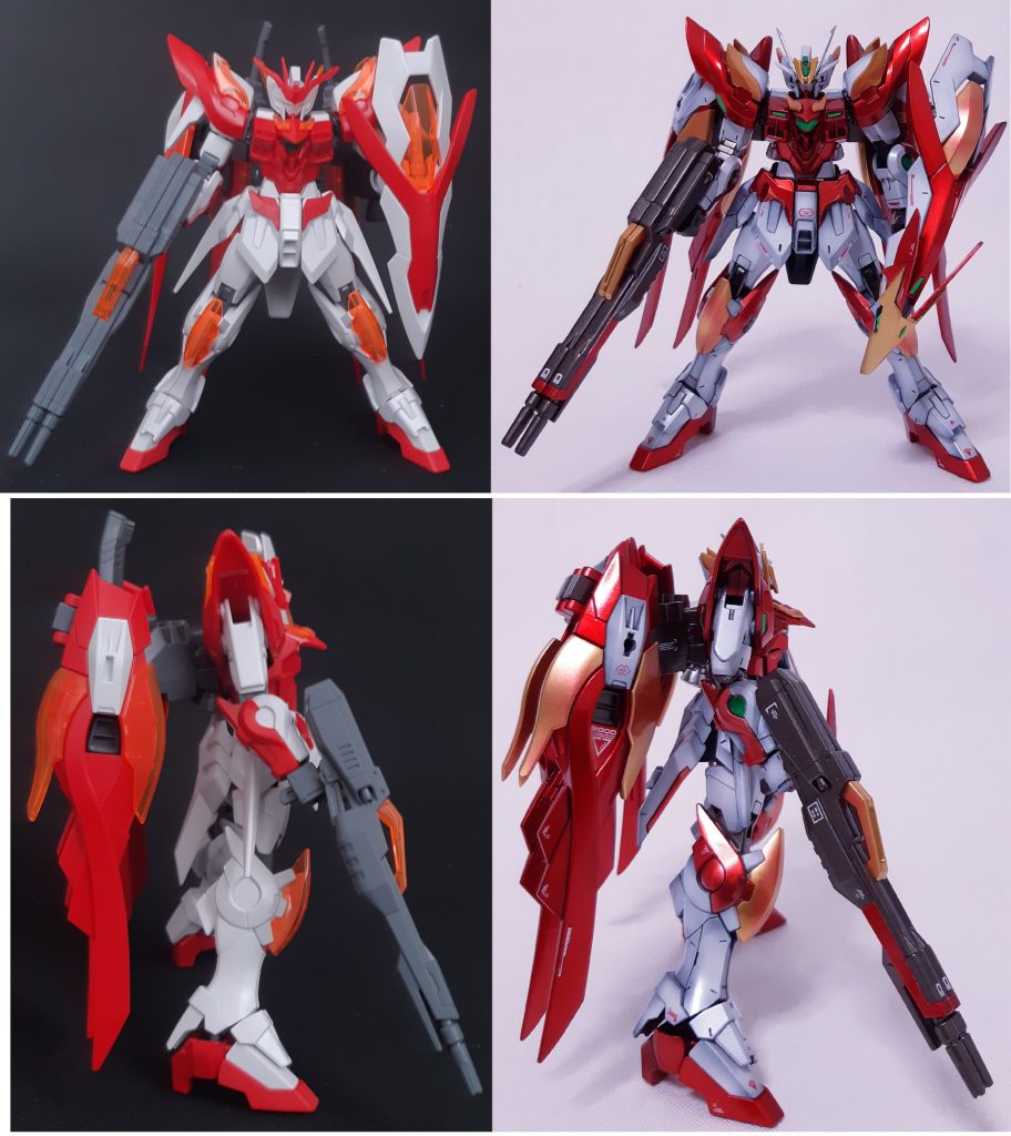 素組みとの比較。こうしてみると盾装備の余裕感が全然違うクリアパーツはゴールドの上にメタリックレッドでちょいグラデーションかけてあります