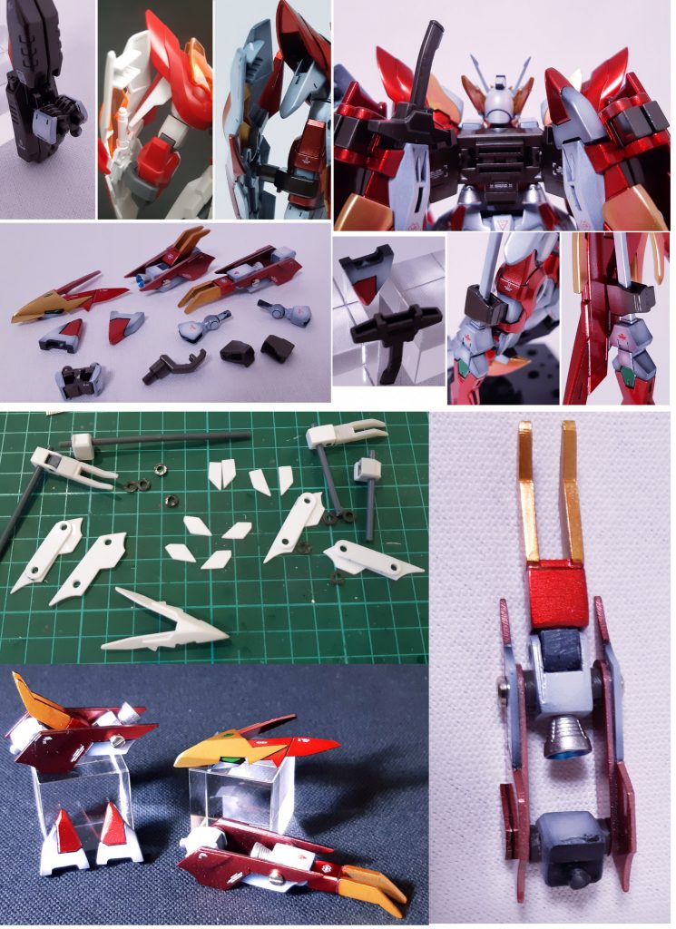 左下のパーツ類はプラ板、プラ棒、ポリキャップのみでフルスクラッチしたパーツ達、スラスターはジャンクパーツ流用。頭の形状出しもまぁまぁ大変だったけど、足のパーツは可動時のクリアランス取ったり、全体への大きさバランスの調整しながら作ったのですっごい時間が掛かりました最後、整面とか雑になっちゃったけどかなり納得できる出来になりました鳥頭パーツ以外は全部取り外し可能なのもちょっとした拘りwジャンクパーツを使ってライフル両手持ち専用ハンドパーツ作成盾のジョイントパーツは初期状態では肩にガリガリ擦りながらの装備だったのでクリアランスを確保した形状にフェザーブレイド接続パーツは2個のみフレキシブルに可動するように加工フェザーブレイドの柄をカレトヴルッフと腕に取り付けられるように新規ジョイントパーツ作成カレトブルッフの柄の変わりの外装作成。元の柄とお好みで取り付け可能