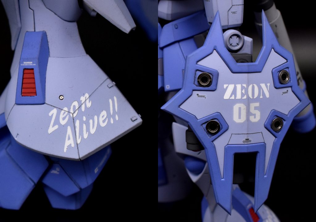 脚部にはジオンアライブマーキング。すぐ横のインテークは開口してモールドプラ板をはめ込んでいます。シールド先端はシャープ化、メタルパーツも組み込みました。ZEONロゴは丁度いいデカールがなかったのでマスキング塗装です。