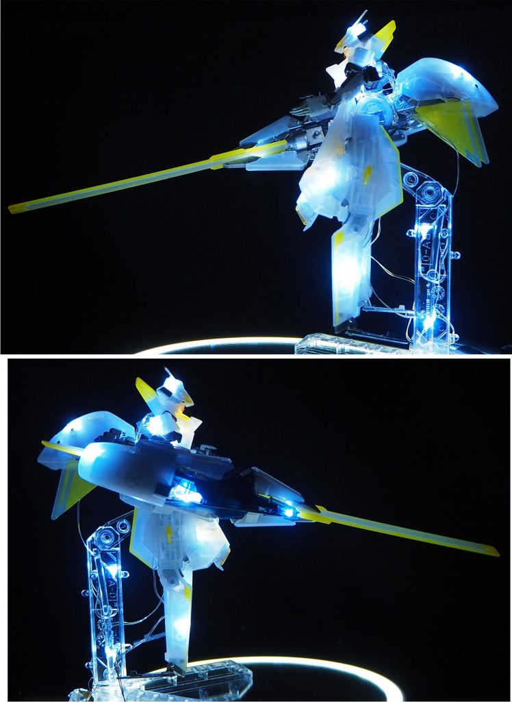 左右、それぞれ真横撮影。ウーンドウォートのフレーム構造は独特で市販品のLEDライトを通すのは困難だと思い隙間に詰め込んで、配線を見せてメンテナンス中っぽい演出が出来ればなぁ…なんて考えつつ銀色の配線とLED配置を考えました。小学生のお子様でも充分作れると思います。