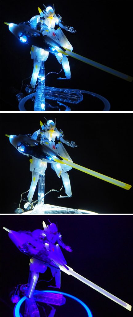 下に置いているLEDライト付き円形ミラーもダイソー製500円です。コストに入れてません…撮影用という事で(;^ω^)コチラの画像は「上・ライトOFF」「中・3段階発光調整で一番明るい状態」の撮影比較です。「下段・ブラックライト撮影 追加分」ライトオフだと本体のLEDライトの明るさが強調されて、MAX光源だとキット全体が照らされる…という事が判りました。皆様のお好みはどちらでしょうか?