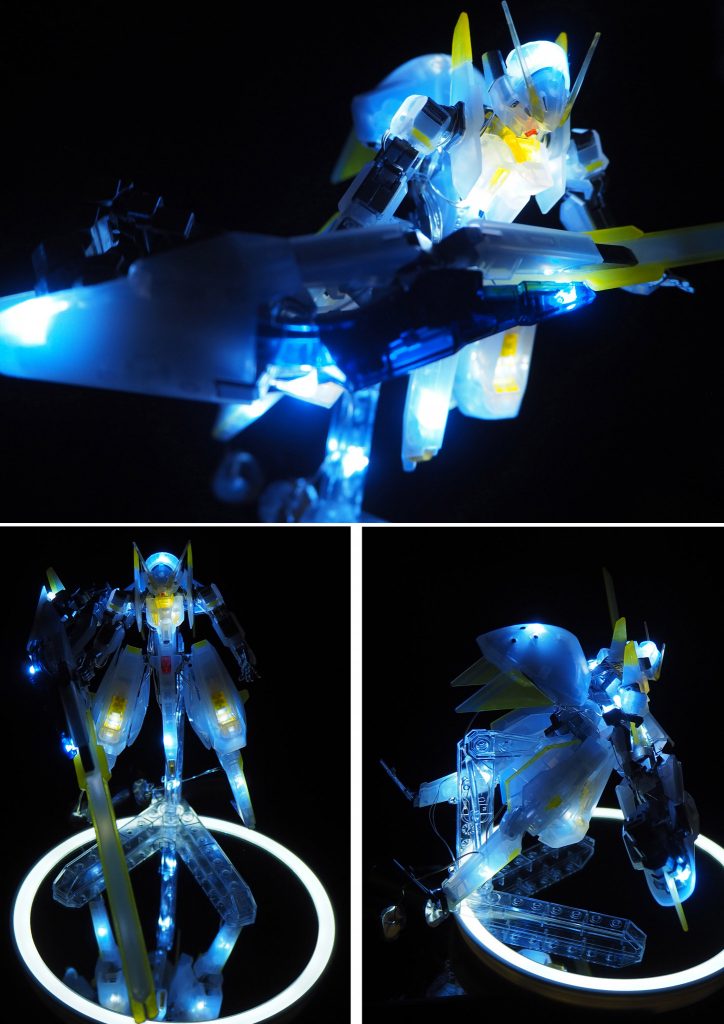 アースリィガンダム・クリアを製作した際に気になったのが頭部のパーツ構造で、クリアレッドのパーツは繋がっているので口部分と目元部分は切り離してマスク部分で接着しています。頭部に仕込んだLEDは後頭部部分にしか配置出来なかったので額部分に小さい丸穴を開けて光を通す…つもりでしたがどうしても顔部分が暗くなってしまうのはHGキットではやむを得ないかも…です。前より改善できただけで気分的に良しと致します。正面・後ろ斜め画像はこちらにひとまとめしました。