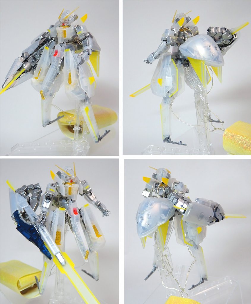 白背景の4方向撮影画像。元々白カラー部分は乳白色のクリアホワイトです。ライフルにだけ濃いめのクリアブルー、後はクリアイエローとクリアレッドが一部だけの配色です。そこに蓄光イエローを少しだけ加えています。ちなみに、この時はとにかく手を加えずに製作しようとLEDライトにホイルラメカラーの折り紙を巻いていたのですが…どう見ても「春巻き」にしか見えなかったのでホイルシルバーの折り紙で巻き直して…再撮影しました。白背景画像だけ春巻きが写り込んでおりますがご了承下さい(笑)