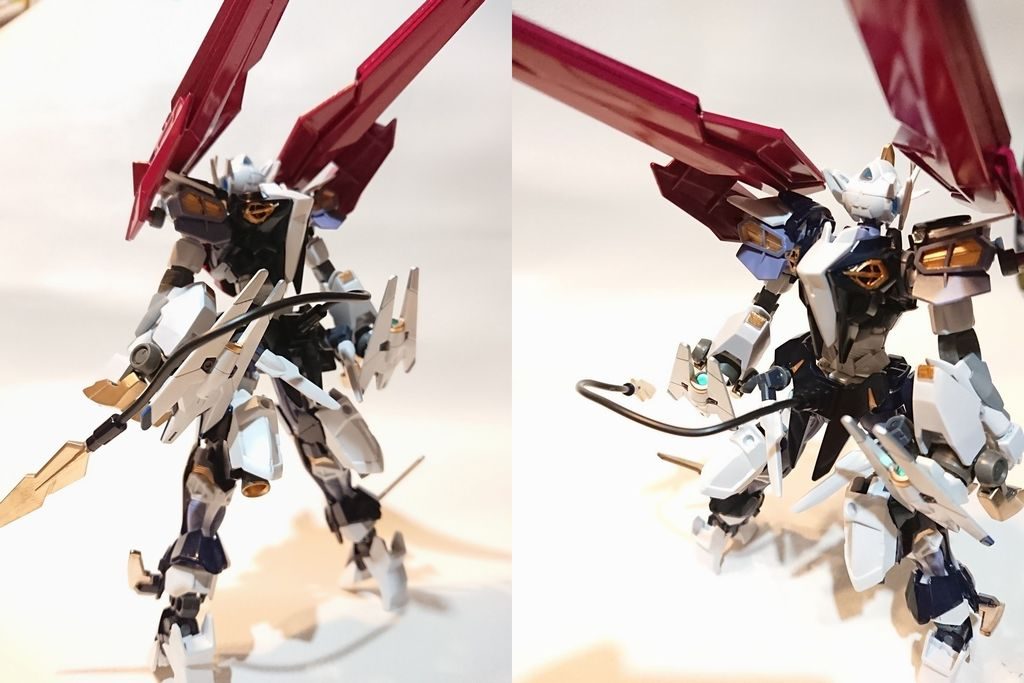 後ろから。アストレイ系ということで細かいデザインが多く、ミキシングや塗装が大変でした。ローブバスターライフルは大きく後ろに突き出しており、飛行時のウイングとして機能。さらにライフルのエネルギーを推力に変換して使用することも可能…という設定です。