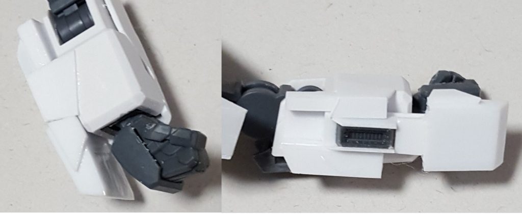 右のナックルガード。収納状態と展開状態あと、キットに一部手を加えてます。手首の部分、すこしヤスリいれて形を調整しております