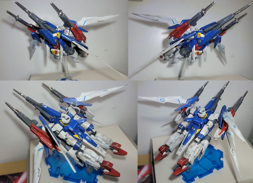 ストライダーフォーム4アングルMS形態では後ろに向いた羽根はストライダー形態だと普通に見えるのでこちらにもちゃんとデカール貼らないとまあAGE-2はこの変形のためにボディのド真ん中に穴が開いていますね……