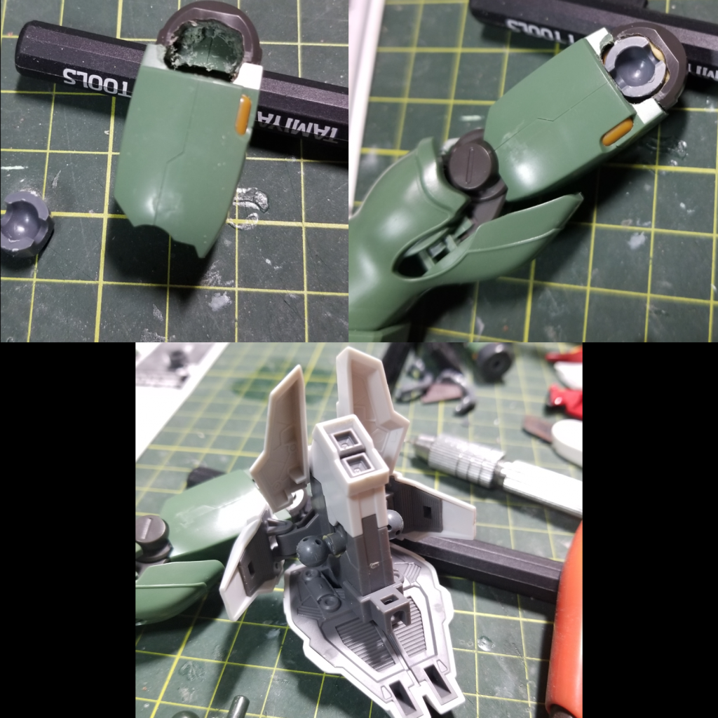 制作工程流れはストーリーにのせてるので細かいとこを、、股関節の接続がムーン側は3㎜棒軸だったのに対し、ギラ・ズールはボールジョイントだったので、ギラ・ズール側をくりぬき、新たなボールジョイントをつけ、ムーン側にもボールジョイントをつけました。