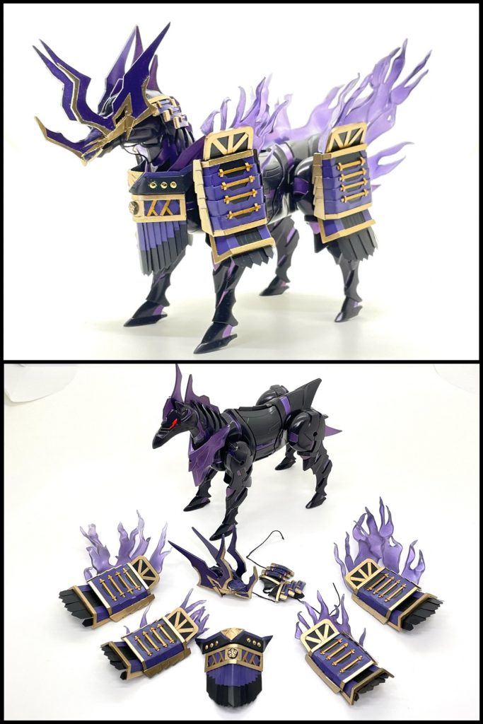 軍馬。プラ板、三角プラ棒、プラペーパー、縮む透明プラ板、エポパテ、糸などを使用して鎧をスクラッチしました。制作の過程は制作ストーリーに載せてます。