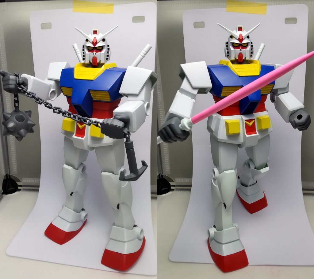 ガンダムハンマーとビームサーベル。ビームサーベルは樹脂製の刃も同梱されてますが使わずにプラの方をガンダムマーカーの蛍光ピンクを吹いて処理しました(笑)ガンダムマーカーエアブラシシステム、最近使わなくなったなぁ…