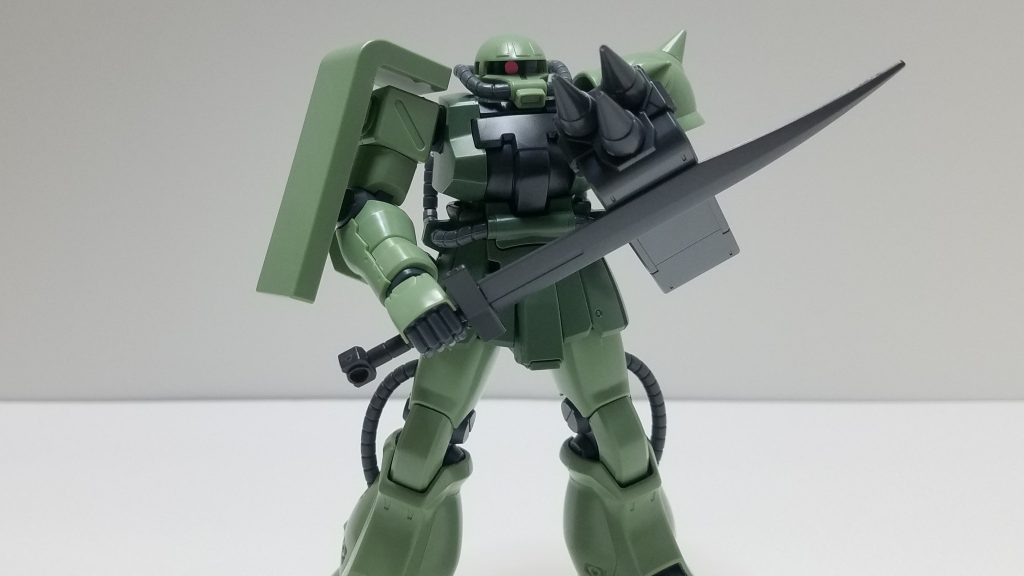 アップリケアーマータイプ×ヒートソード&スパイクシールドで残党機っぽく。キットの武器持ち手はなぜか緩いのでこれもシステムウェポンから流用してよかったかも。