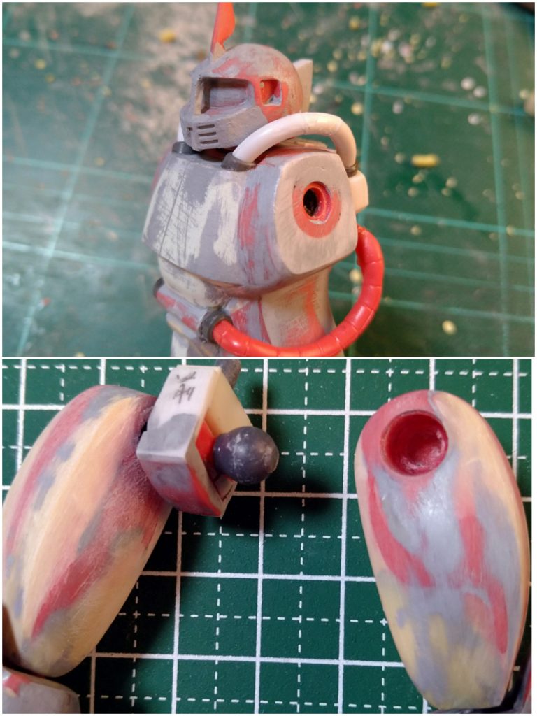 頬のスリットは0.5㍉のプラ角棒を並べて再現。顔の横の動力パイプはランナーを繋ぎ合わせてます工作終盤にきてポージングがイマイチ決まらない事に気付き(遅っ)股関節BJ加工しました