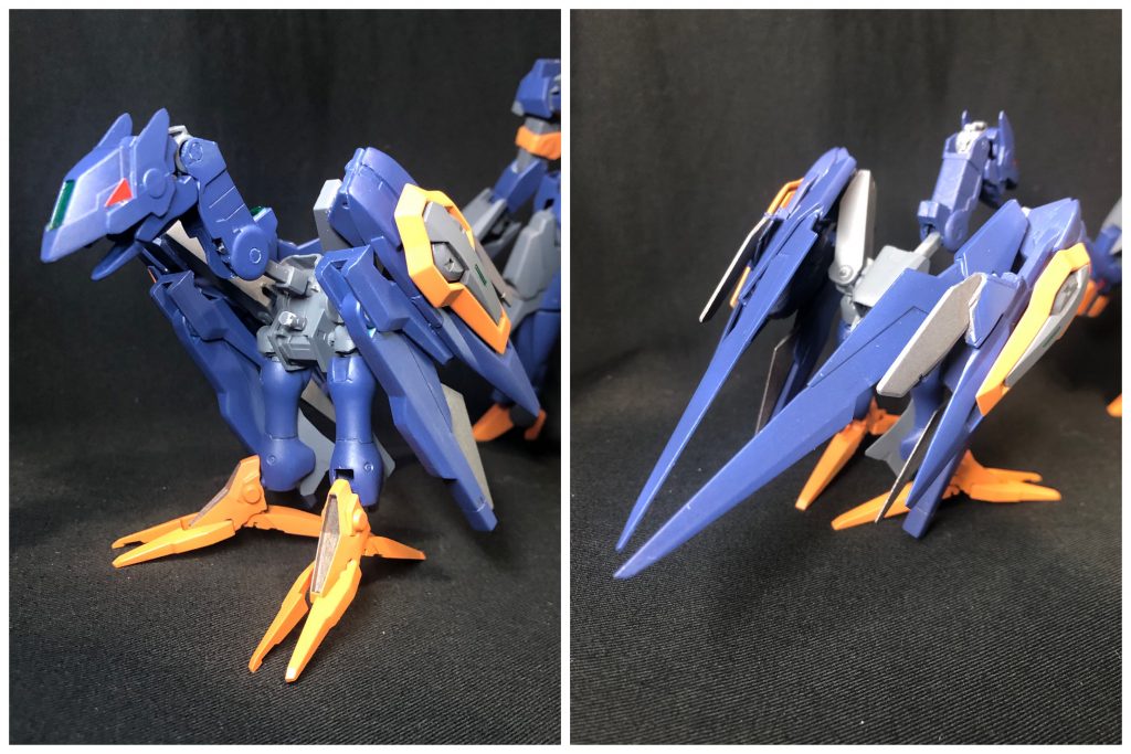 鳥型支援機[イェーガー]前述の理由で作成された装備で、空からの索敵や火力面での補強を目的としている。単独での戦闘力はさほど高くはない。簡易的なAIの制御により、ある程度は自動で飛行・探索が可能(複雑な動作は指示が必要)。実はアカネが1日で作り上げた急造品なのだが、元はコアガンダム用の飛行ユニット(アカネが自分用に作ってはみたものの、高い所が苦手だったために未完成のまま放置)で、少し手を加えてクランシェ・ハウンド用に改修した。鳥型ではありますが、こちらも見立て制作になります。サバーニャのバックパックを芯にしているので、羽(バインダー)が独特な可動方法になってます。鳥っぽいポージングはなんとか出来る感じ。登場して早々ですが、尺が無いので合体！(ぇ