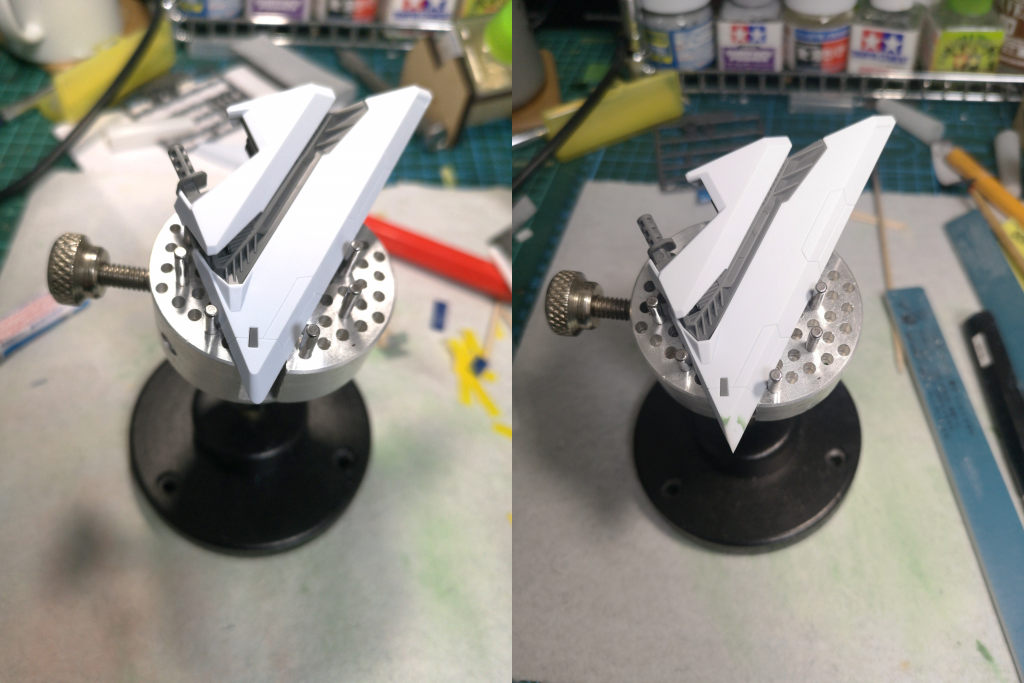 元キットの先端はエッジが甘いのが目立つので、プラ棒を貼り付けてエッジを出しています。