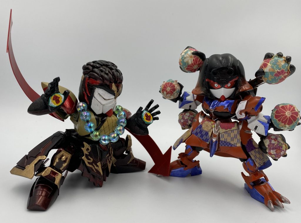 ツーショット。矢印鬼・矢琶羽は手の瞳の矢印とエフェクトの向きを同じになるように合わせました。手毬鬼・朱紗丸も和柄マスキングで華やかさが出せたと思います。