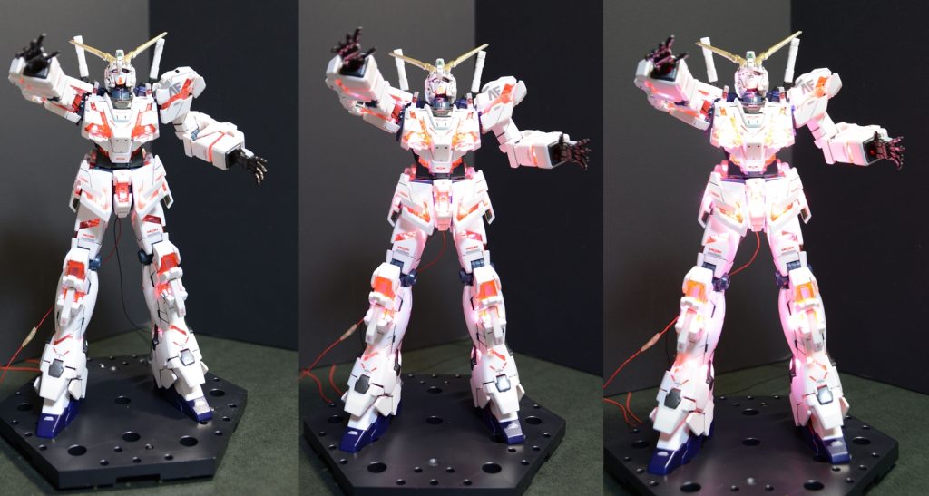 電圧のご指摘があったので、抵抗をボリューム式に変えてみました。無事発光しました!!一番左がフル発光です。