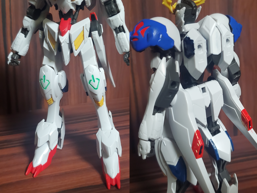 続きまして下半身。 腰の基部と脚フレーム及び太股装甲はルプスレクス、フロントスカートとサイドスカート及び足をルプス、脛部装甲と脹脛部スラスターを第4形態からそれぞれ組み合わせています。ガンダムブレイカー3ですら再現できない圧倒的ミキシング。(自賛) パーツ加工はフロントスカート基部の長いパーツをちょっと切り詰めたくらいですね。あとは部分塗装くらい。 便乗するとバックパックも部分塗装以外は第4形態のものそのまま。ルプスのとレクスの、どっちも好きではあるんですがやっぱり一番ベーシックな第4形態がすきだったので。 先程も書いてた赤い部分と、膝の通称電源マーク、脹脛部スラスター、ついでにバックパックの各色も、それぞれ例の如くガンダムマーカーで塗装。実はこの辺も含めて眼以外にシールを使っていないんですよねこの機体。 まぁいつかは全塗装してみたいと思う反面ちょっと個人的な理由で後回しにしようとしてしまうの半分……みたいな感じですが、まぁこれも自分らしさかなって、いう感じでこのスタイルで貫きました。 続きまして武装詳細にいきたいと思います。