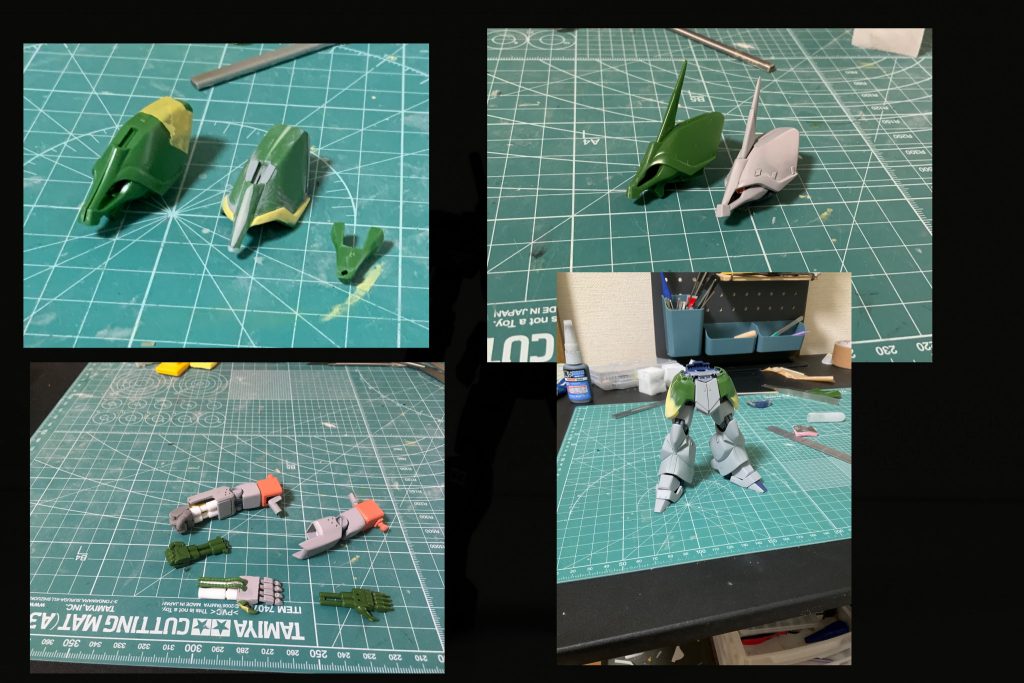 頭部は分解した後、上下に短縮。モノアイ周辺パーツの形状を楕円から直線に。左手のフィンガーランチャーは基部を大型化し、指部分は自作。前腕部パイプはプラパイプの流用。上腕や大腿は幅増し。腰部サイドアーマーはパテで縦に延長し、フロントアーマーは自作。ご覧頂き有り難うざいました。