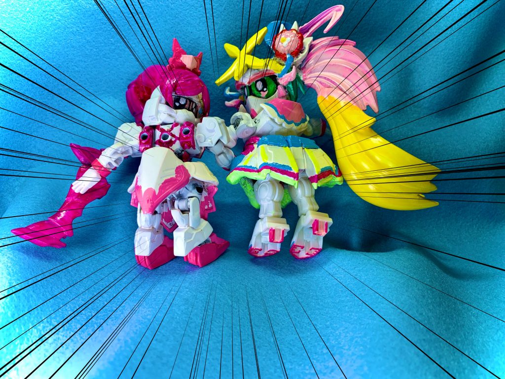 『私、堪忍袋の尾が切れました!プリキュア 、ダブルおしりパンチ‼️』以前作ったキュアサマーと合わせて。これがやりたくてブロッサムの膝パーツを前後逆に組み替え、脚が前にきてお尻が突き出るようにしました。