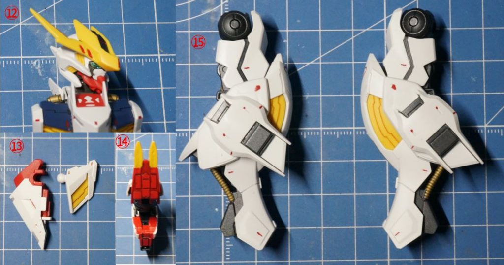⑫メインカメラ ・ラピーミニ緑+オーロラブルーシールで少ない光でもキラッキラです。⑬腰部前アーマー ・可動部のブレ防止のため、穴周辺をプラ板で肉盛り ・アーマーが斜めに動いてしまうので、余計な隙間を埋めました。⑭足首 ・足の裏、かかとの肉盗みをエポキシパテ・プラ板で穴埋め⑮脚 ・ふくらはぎにバルバトスルプスレクスのサイドアーマーを追加  ポリキャップの軸でつないでいるので稼働します。 ・ふくらはぎもスジボリ追加してパネル割してるのですが、写真撮り忘れてますねー。腰部背面アーマーで隠れてほぼ見えないのですが・・・
