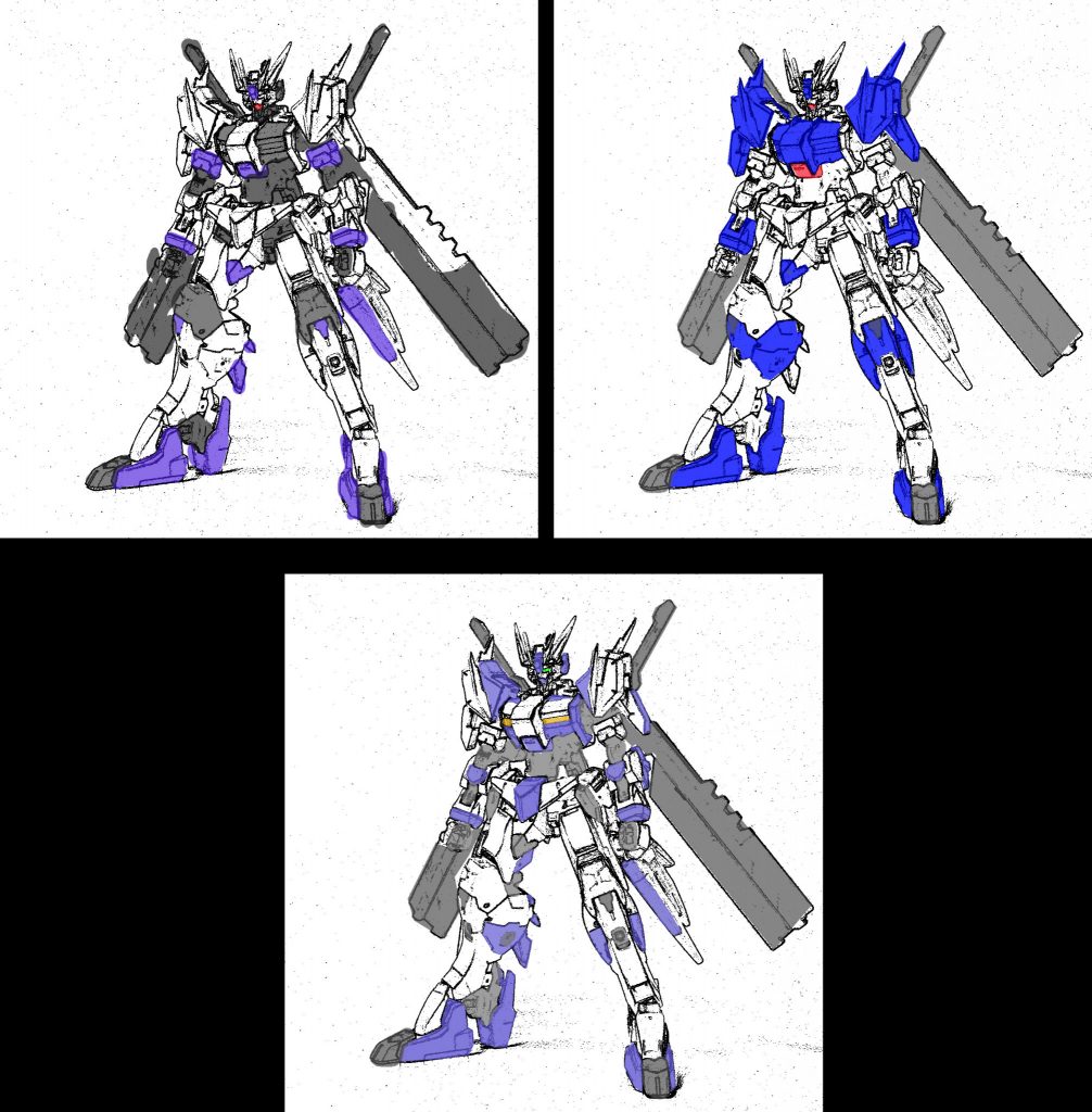 塗装前に行ったカラーリングの検討案です。どういったカラーリングにしようかなかなか決まらず悩みましたが、最終的には下のMG Hi-νガンダム Ver.Kaをモチーフとしたカラーリングでいくことに決定しました。テイルブレードにグラデーションがかかっているのはそのオマージュです。