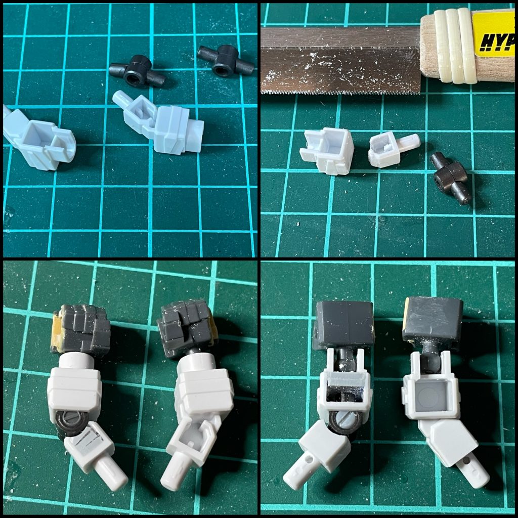 肘関節にはコトブキヤのメカサプライ18 ジョイントセットDを使用してます。腕の長さを変えずに関節を仕込むことができます。