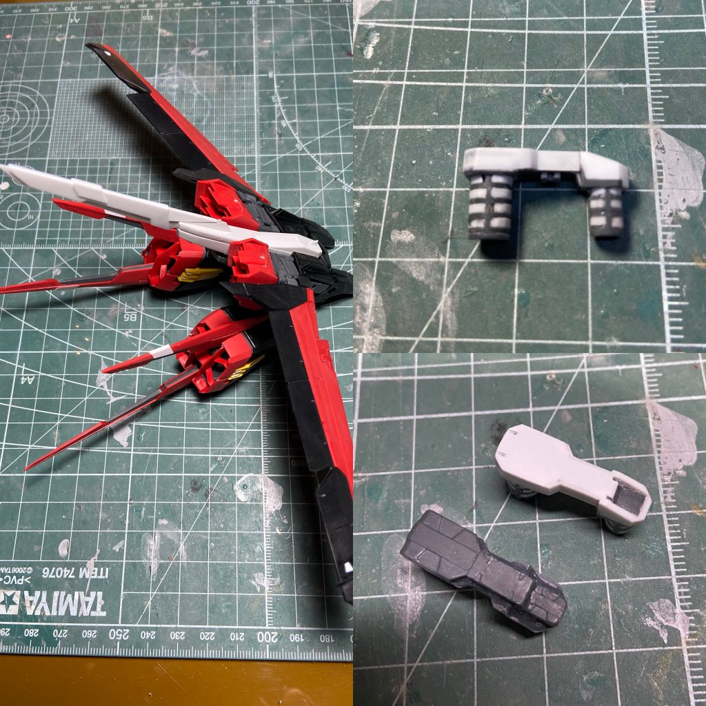 エールのバックパックはテール延長してます。関節部分は弱いのでプラ板で強化してあります。