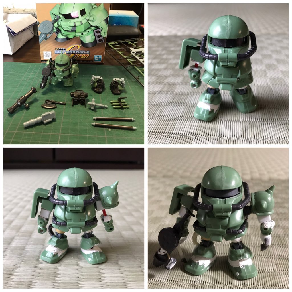 廃材、パテ、プラ板、プラ棒、100均材料で改造。不思議なもので当時は違和感無かったのですが昔のSDは短足過ぎだと今は感じます。でも今のSDが手足長すぎて違和感あるので程々にしています。