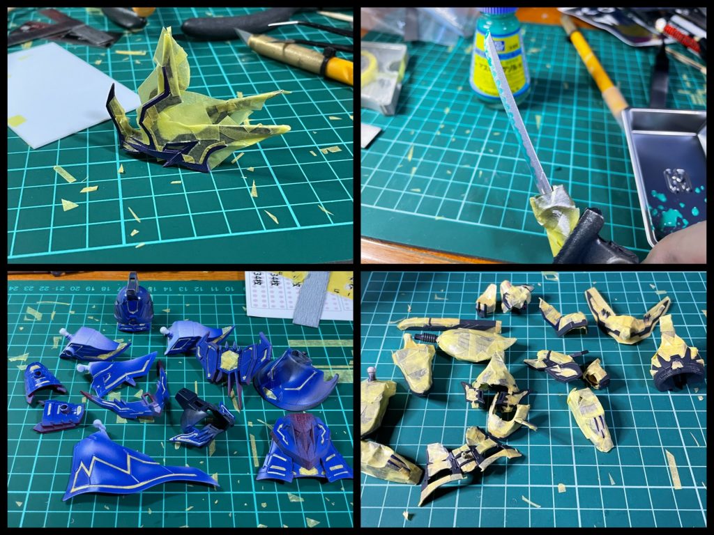 信長、軍馬共に主にマスキングで塗り分けをしてます。特に信長のマスキングはしんどかった。塗装レシピ(信長)黒: GCティターズブルー1 青: ピンク下地(アクリジョンベースホワイト+レッド)→インディブルー or アクリジョン メタリックブルー紺色: GCティターズブルー2+GCシャア専用レッド少量金: ティターズブルー1 → ゴールド赤: シルバー→クリアレッド or メタリックレッド目の赤: アクリジョン蛍光レッド目の黒縁や瞳の黒: タミヤエナメルのフラットブラックで筆塗りしました。瞳の内側: アクリジョン 蛍光ピンク刀の刃: シルバー → マスキングゾルで刃文をマスク → 焼鉄色ハンドパーツ等: GCファントムブラックGCは新発売の水性ホビーのガンダムカラーです。ガンダムカラーは基本的に半光沢なので、そのままトップコートはせずゴールド部分とツヤ感に差が出る様にしました。ティターズブルー1はブルーと言いつつかなり黒に近いダークグレーですね。軍馬の調色は忘れました。