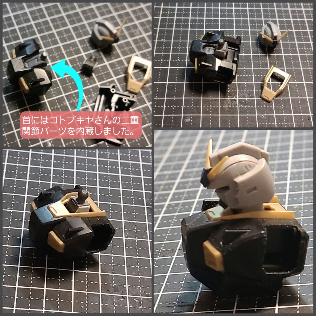 この、二重関節を仕込むのが最近のマイブームです(笑)ただ、そのままだとぎちぎちで動きが固いので、様子を見ながらピンや軸穴を少しだけ削って調整しました。