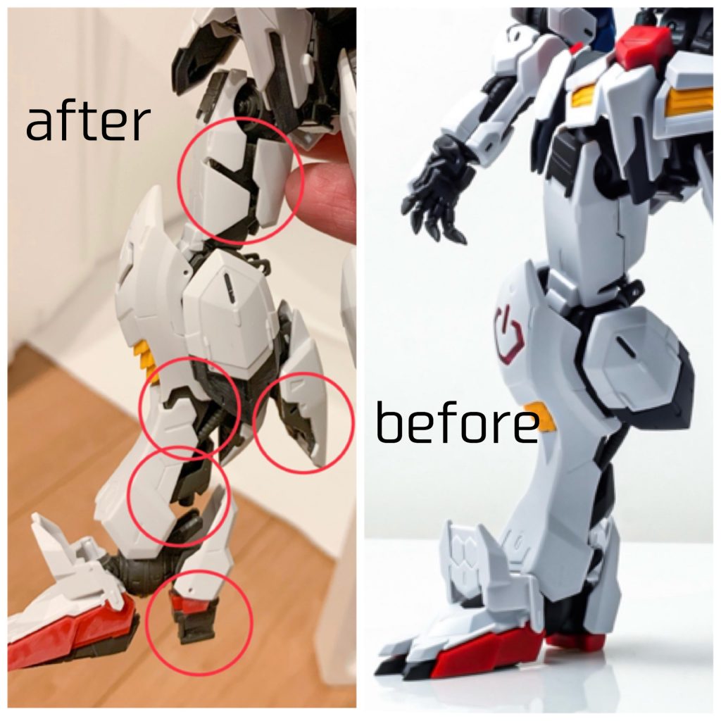 脚部フレームの分割、ディティールアップはかなり時間を使いました。バルバトスの腕の造形は好きなんですが脚が腕に比べてプレーンすぎる印象があったので思い切った工作をしました。