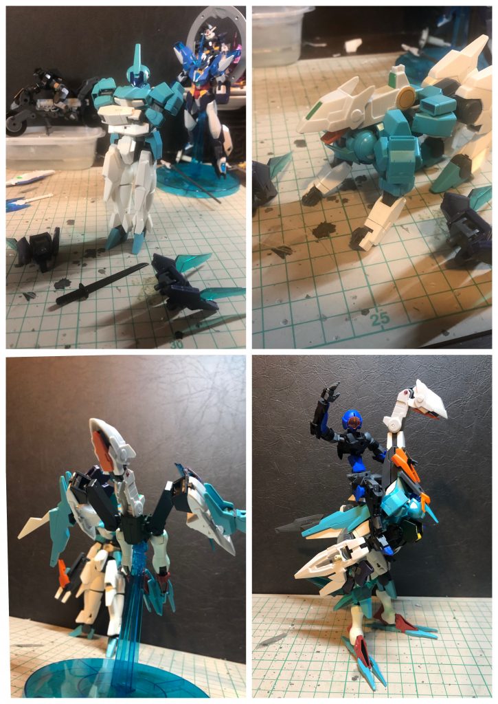 制作工程などクランシェカスタムの腕キャノンを外し、腰にジャンクパーツを挟んだ事でなんとなーく忍者に見えたのが始まり。そこから変形を色々考え、鳥や犬に変形するトリプルチェンジャー→犬に変形、鳥は追加パーツ→合体してデカい鳥になどなど弄るごとに変わっていき、なかなか方向が定まらなかった感じです。最終的には忍者ではなく量産機として落ち着きました。中の人も、使用してるダイバーが忍者の末裔という設定は残しつつ、GBNで自由に楽しくやってたところに災難が降りかかるという…なんとも可哀想なキャラクターになってしまいましたwあとこのクランシェカスタム、合わせ目が目立つ位置にある(腕と脚にがっつり、二の腕のドッズキャノンも)にもかかわらず、関節の後ハメが無理な構造だったので大変でした。ガラッゾの腕(鳥の足に使用)も合わせ目ががが。結構前のキットなのでしょうがないですね…合わせ目消しのいい経験になりました。