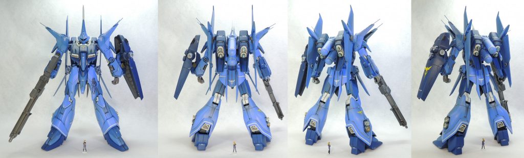 本機の製作にあわせて、1/144レズン・シュナイダー(軍服姿)のフィギュアもあわせて製作。設定画を参考にしながら、ビルダーズパーツの女性フィギュアを盛り削りしてフォルムを形成しました。