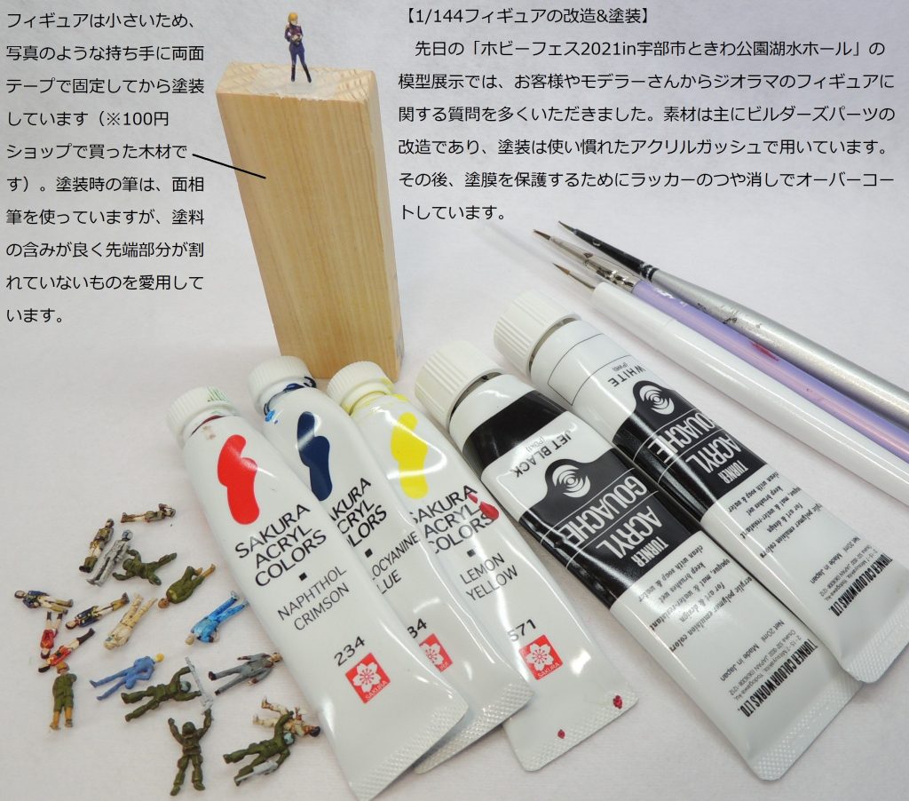 フィギュアの塗装は、アクリルガッシュを用いています。水性で乾くとつや消しになり、安価なのが特徴です。塗装終了後は塗膜の保護のため、ラッカーのつや消しでオーバーコートします。