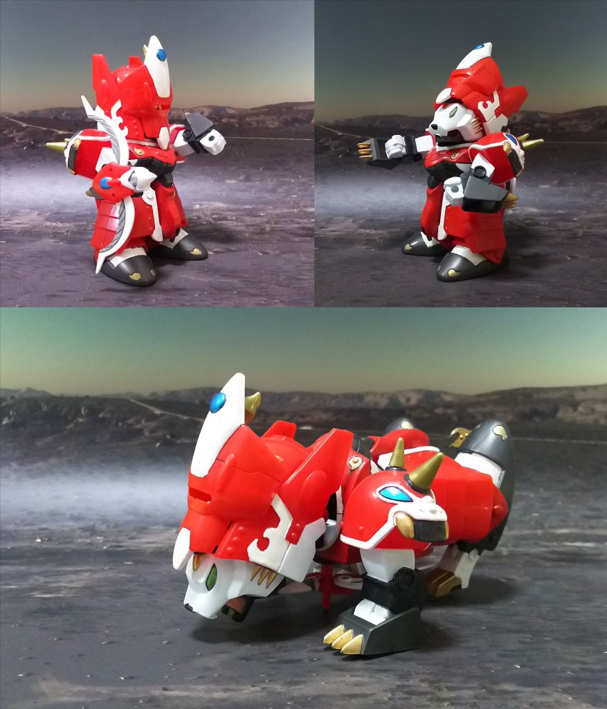 フェイスガードを頭部に装着。更に頭部のみを変形させ獣人形態レオファイターモード。そして四足獣形態バルクモードへ。たてがみは外れないので、めすレオファイターモードとかにはならないのです。