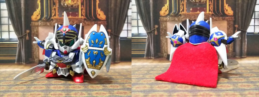 標準装備肩後方装備の宝珠をクリアパーツに置換。主役のしるしの真っ赤なマントは、キット取説の紙マントを型紙にフェルトを切り出しています。